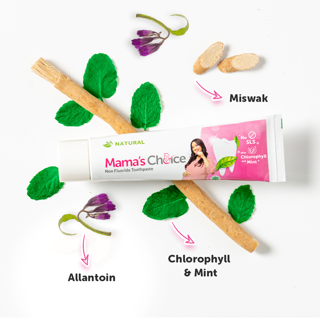 Miswak, Allantoin, Chlorophyll and Mint. Mama's Choice Non-Fluoride toothpaste.