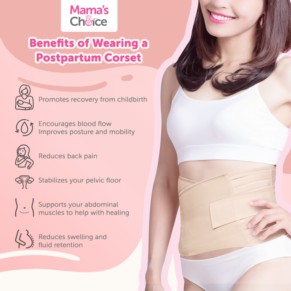 Postpartum corset girdle benefits infographic